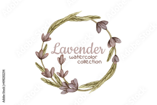 Watercolor vintage round frame with lavender branches embroidery isolated on white. Needlework collection.