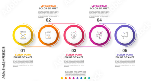Modern and simple line vector illustration. Infographic template with five circles, elements, sectors and percentages. Designed for business, presentations, timeline, web design 5 step diagrams