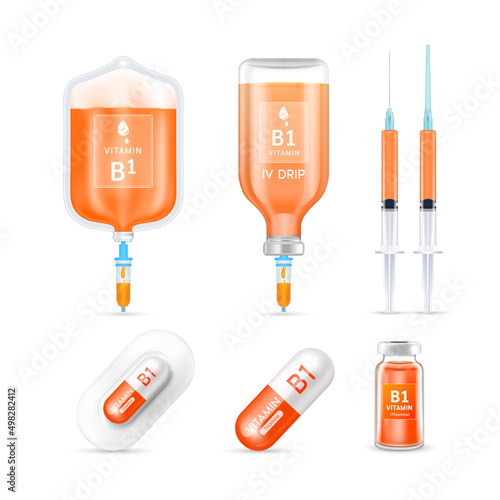 Vitamin B1 inside saline bag, capsule, vaccine bottle and syringe isolated on white background vector. Serum collagen vitamins IV drip and minerals orange for health. Medical aesthetic concept.