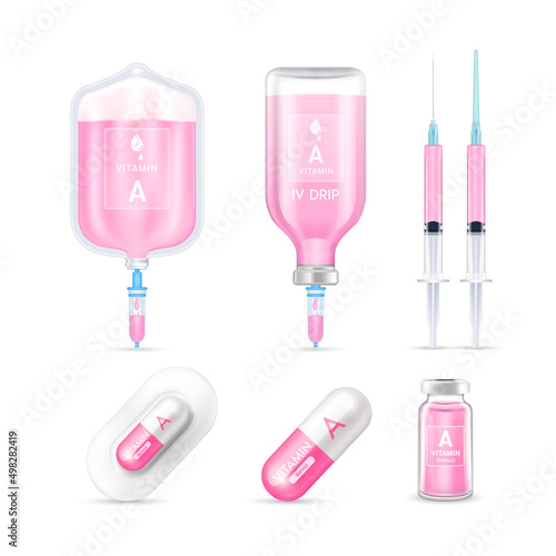 Vitamin A inside saline bag, capsule, vaccine bottle and syringe isolated on white background vector. Serum collagen vitamins IV drip and minerals pink for health. Medical aesthetic concept.