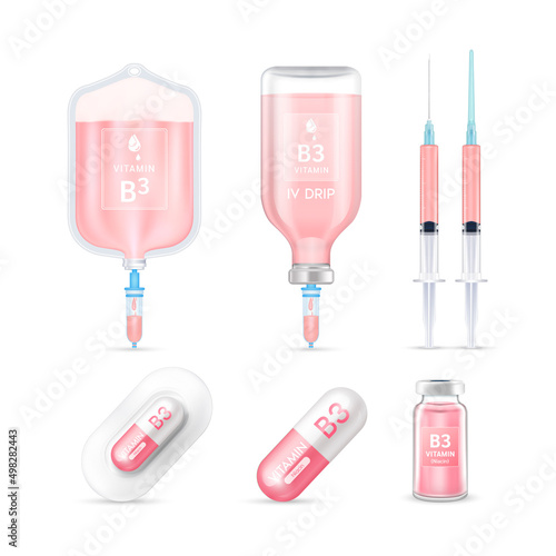 Vitamin B3 inside saline bag, capsule, vaccine bottle and syringe isolated on white background vector. Serum collagen vitamins IV drip and minerals pink for health. Medical aesthetic concept.