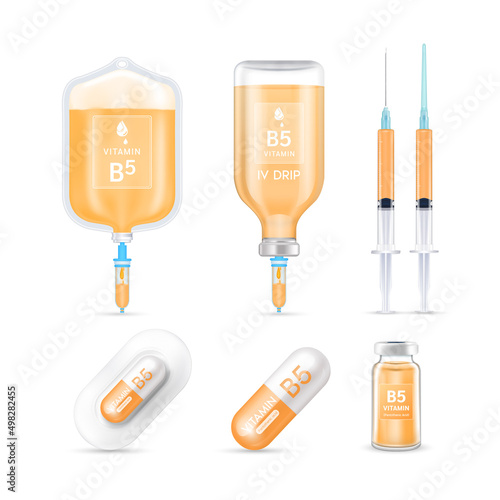 Vitamin B5 inside saline bag, capsule, vaccine bottle and syringe isolated on white background vector. Serum collagen vitamins IV drip and minerals orange for health. Medical aesthetic concept.