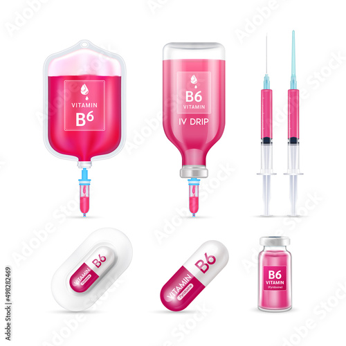 Vitamin B6 inside saline bag, capsule, vaccine bottle and syringe isolated on white background vector. Serum collagen vitamins IV drip and minerals red for health. Medical aesthetic concept.