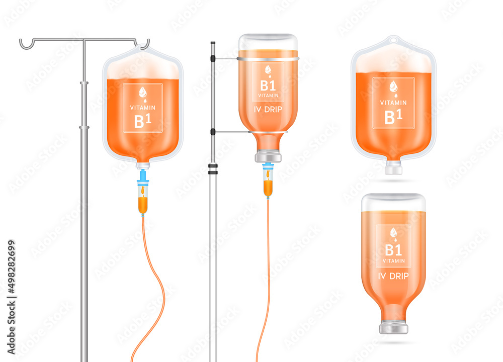 Vitamin B1 solution inside saline bag, bottle and syringe hanging on