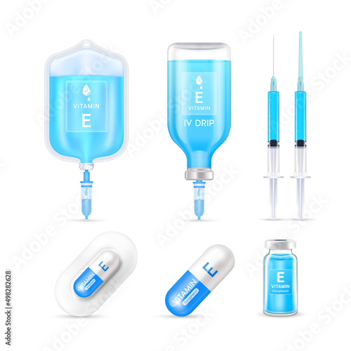Vitamin E inside saline bag, capsule, vaccine bottle and syringe isolated on white background vector. Serum collagen vitamins IV drip and minerals blue for health. Medical aesthetic concept.