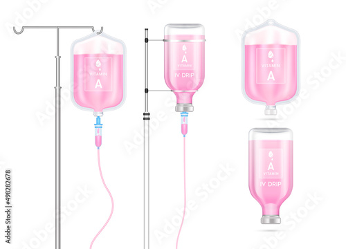 Vitamin A solution inside saline bag, bottle and syringe hanging on pole. Isolated on white background vector. Serum collagen vitamins IV drip and minerals pink for health. Medical aesthetic concept