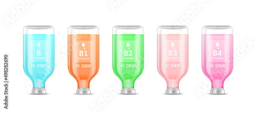 Collagen vitamin B inside saline bottle. Injection of IV drip serum vitamins and minerals for health and skin. Medical aesthetic concept. Saline plastic bottle set. On white background 3D vector.