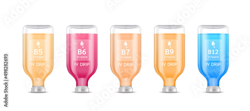 Collagen vitamin B inside saline bottle. Injection of IV drip serum vitamins and minerals for health and skin. Medical aesthetic concept. Saline plastic bottle set. On white background 3D vector.