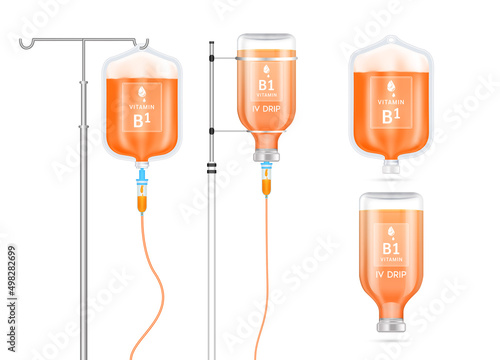 Vitamin B1 solution inside saline bag, bottle and syringe hanging on pole. Isolated on white background vector. Collagen vitamins IV drip and minerals orange for health. Medical aesthetic concept