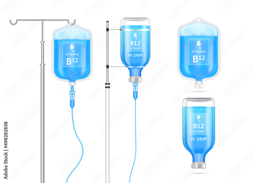 Ταπετσαρία Vitamin B12 solution inside saline bag, bottle and syringe hanging on pole