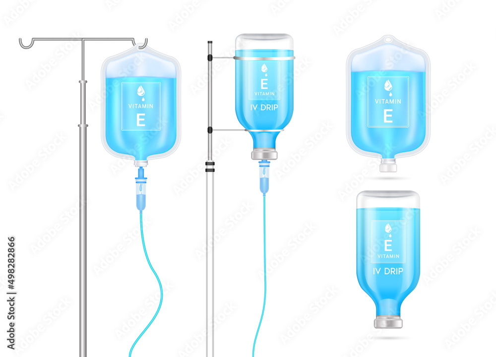 Εκτύπωση καμβά Vitamin E solution inside saline bag, bottle and syringe hanging on pole