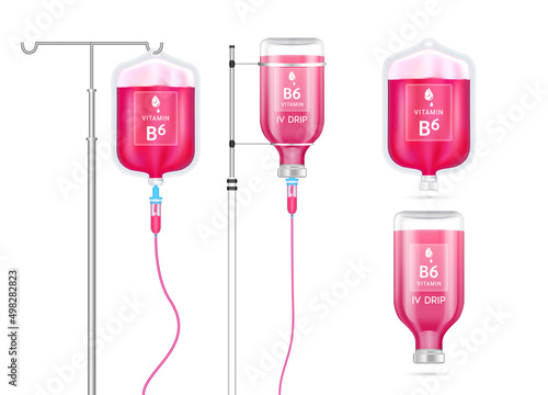 Vitamin B6 solution inside saline bag, bottle and syringe hanging on pole. Isolated on white background vector. Collagen vitamins IV drip and minerals red for health. Medical aesthetic concept