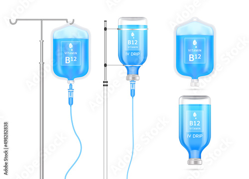 Vitamin B12 solution inside saline bag, bottle and syringe hanging on pole. Isolated on white background vector. Serum collagen vitamins IV drip and minerals blue for health. Medical aesthetic concept