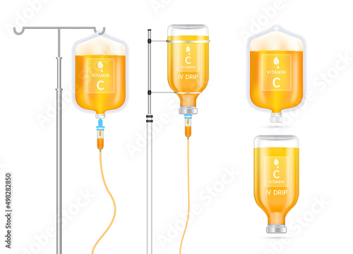 Vitamin C solution inside saline bag, bottle and syringe hanging on pole. Isolated on white background vector. Collagen vitamins IV drip and minerals orange for health. Medical aesthetic concept