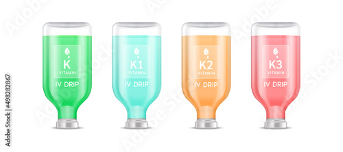 Collagen vitamin K inside saline bottle. Injection of IV drip serum vitamins and minerals for health and skin. Medical aesthetic concept. Saline plastic bottle set. On white background 3D vector.