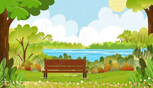 Fototapeta Naklejka Na Ścianę i Meble -  Spring landscape wonderland by theriver with grass field forest in morning,Vector banner backdrop Summer time in the park,Green park with grass and flower blooming,Cute Natural background for kids