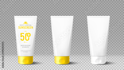 Templates of tubes of sunscreen cream. 3d tubes of sunscreen cream isolated on checkered background. Vector 3d packages for promotion of cosmetic goods. Realistic vector mock up of skincare goods.