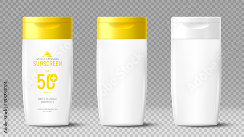 Templates of bottles sunscreen cream. 3d bottles of sunscreen cream isolated on checkered background. Vector 3d packages for promotion of cosmetic goods. Realistic vector mock up of skincare goods.