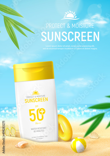 Sunscreen ad flyer template. Banner with bottle of sunscreen on beach sand with tropical plant, seashells, inflatable ball and ring. Vector 3d ad illustration for promotion of summer goods.