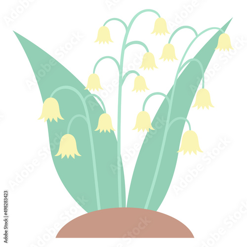 Lilies of the valley. Delicate yellow flowers. Spring bells. Color vector illustration. Flowering plant with green leaves. Flat style. Isolated background. Bright Easter. Idea for web design
