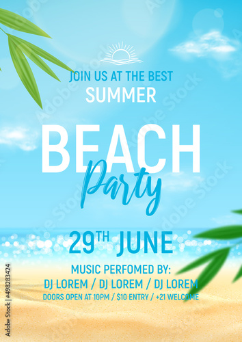 Summer beach party template poster. Sea coast with sunny sky and clouds. Beautiful summer scene with blue sky, clouds and tropical plants. 3d vector illustration. Summer party flyer for night club.