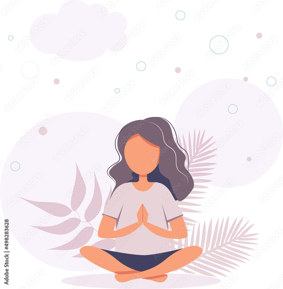girl meditating. Healthy lifestyle, yoga, meditation, relax, recreation. Vector illustration.