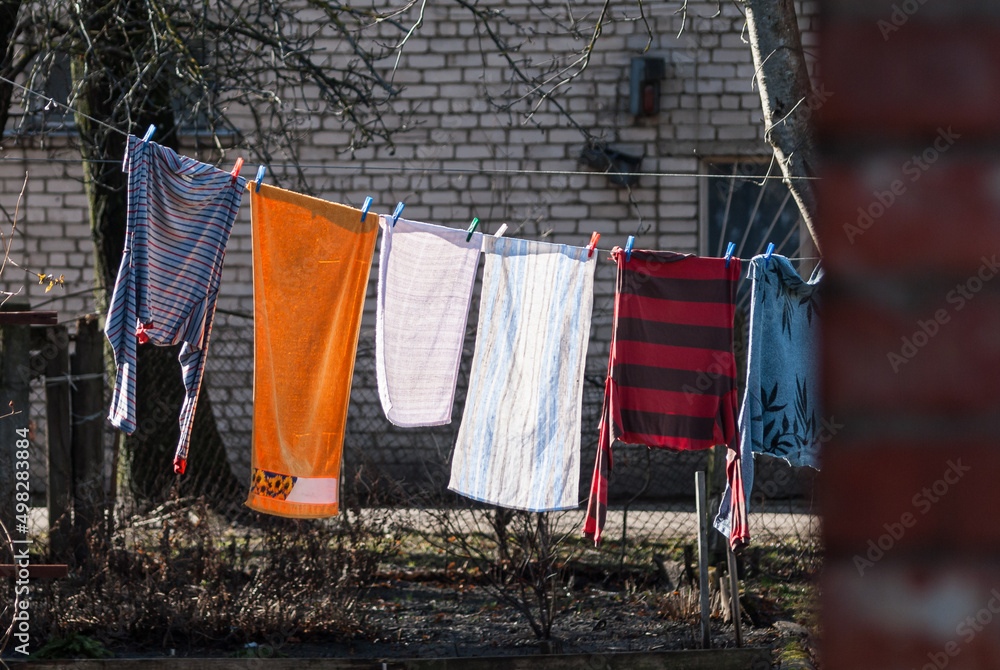 Clothes dries in the yard of Kuldiga Old Town, Latvia.