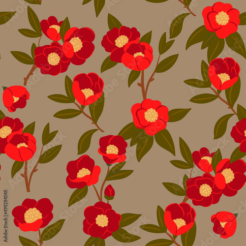 Obraz na plátně Seamless pattern with camellia flowers. Vector graphics.