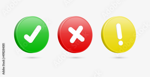 3d checkmark icon button with 3d exclamation mark icon correct incorrect and warning attention sign or check mark box frame with green tick and red cross symbols - yes or no 3d icons buttons	
