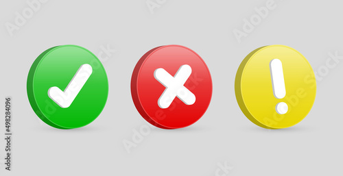 3d checkmark icon button with 3d exclamation mark icon correct incorrect and warning attention sign or check mark box frame with green tick and red cross symbols - yes or no 3d icons buttons	
