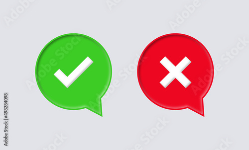 3d checkmark icon button in speech bubble correct and incorrect sign or check mark box frame with green tick and red cross symbols in chat bubbles - yes or no 3d icons buttons	

