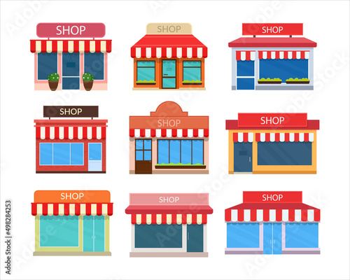 Fototapeta Naklejka Na Ścianę i Meble -  Vector set of shop buildings. Exteriors of store facades. Storefronts icons isolated on white background.
