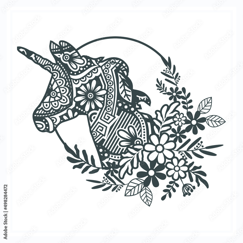 Fototapeta premium Unicorn Mandala with Flower. Vector, Line Art