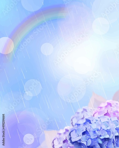美しい薄紫色と薄いピンクのあじさいの静かに小雨の降る虹のおしゃれで幻想的なボケの背景素材