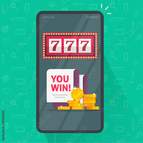 Online gambling bet game on cell phone as casino winner with bonus prize gift vector or win 777 jackpot via cellphone smartphone app or mobile cellphone application flat cartoon illustration