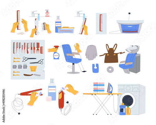 The process of disinfection of the tool in the hairdresser. Hand sanitizing clothes and chairs. Washing and ironing towels. Flat vector illustration. Eps10