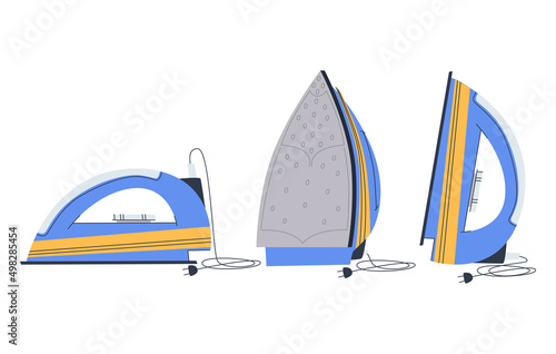 Household appliance for ironing clothes. Iron in three positions. Flat vector illustration. Eps10