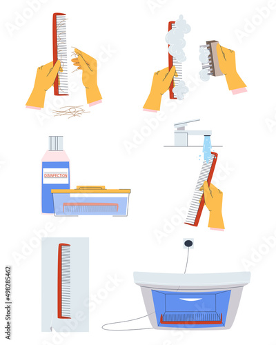 Comb disinfection procedure in the hairdresser after each client. Antifungal treatment of a hairdressing tool on the example of a comb. Flat vector illustration. Eps10