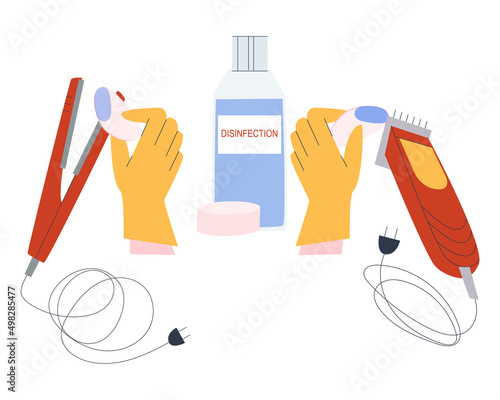 Disinfection with a special solution of a hair straightener and an electric razor blade. Sanitization in hairdressing and barber shops. Flat vector illustration. Eps10