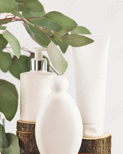 Empty Template Mockup Set with of Container, Bottle and Tube. White cosmetic bottles on a wooden podiums on a light background with green leaves. Soft image style. Mock up of natural beauty products