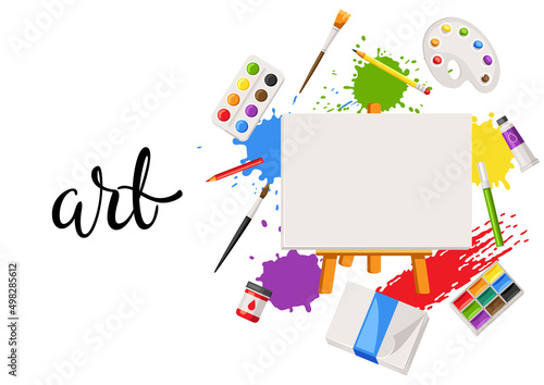 Background with painter tools and materials. Art supplies for creativity.