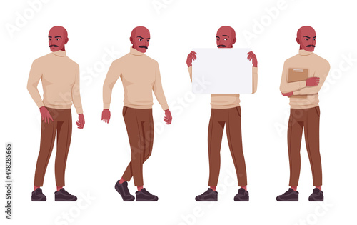 Handsome man set, spanish bold Latin American standing poses. Office worker, businessman, male employee in formal wear. Vector flat style cartoon character isolated, white background, different poses