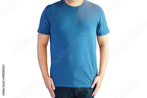 Man wear blue shirt isolated on white background, copy space for screen shirt.