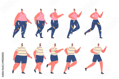 Set Stages of Slimming, Men and Women Weight Loss. Fat Male Female Characters Walk and Run, Transformation