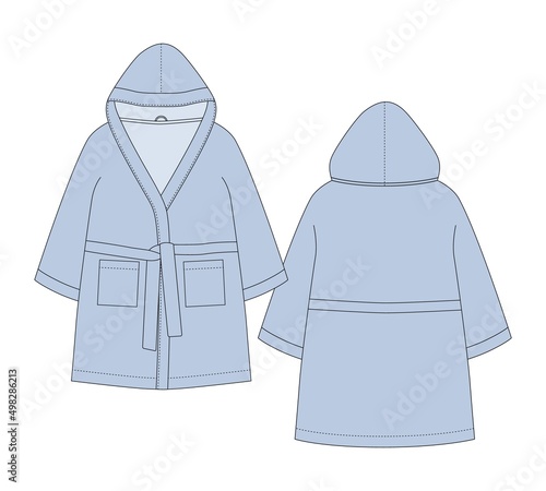 Bathrobe technical sketch. Hooded bathrobe with pocket and belt. Light blue color. Flat garment apparel template.