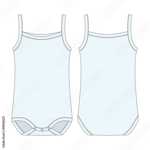 Children bodysuit. Baby sleeveless tank top body technical sketch. Light blue color. Infant underwear outline.