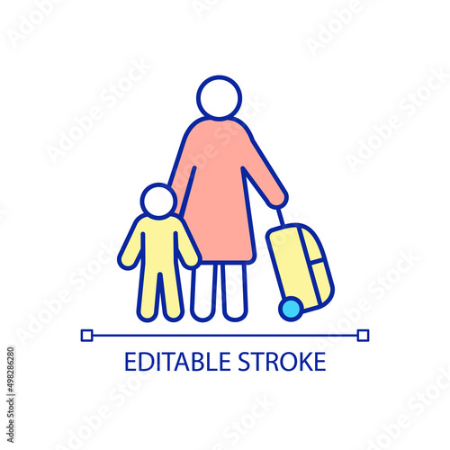 Displaced family RGB color icon. Mother and child forced to flee. Leaving home. Refugee family. Isolated vector illustration. Simple filled line drawing. Editable stroke. Arial font used