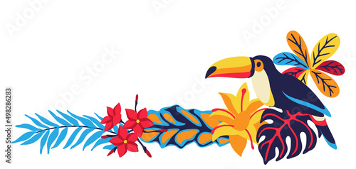 Frame with toucan and tropical plants. Exotic decorative bird, flowers anf leaves.