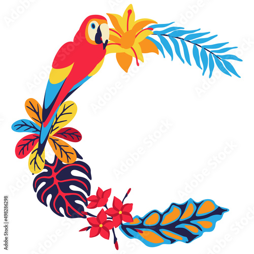 Frame with macaw parrot and tropical plants. Exotic decorative bird, flowers anf leaves.