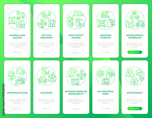 Industrial ecology green gradient onboarding mobile app screen set. Walkthrough 5 steps graphic instructions pages with linear concepts. UI, UX, GUI template. Myriad Pro-Bold, Regular fonts used